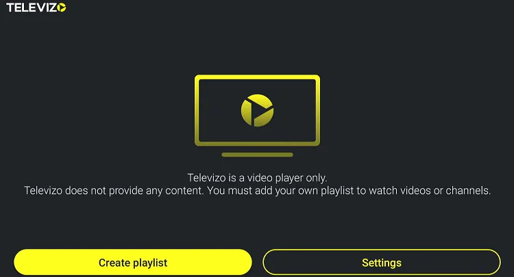 Televizo main screen showing 'Create playlist/profile' option.