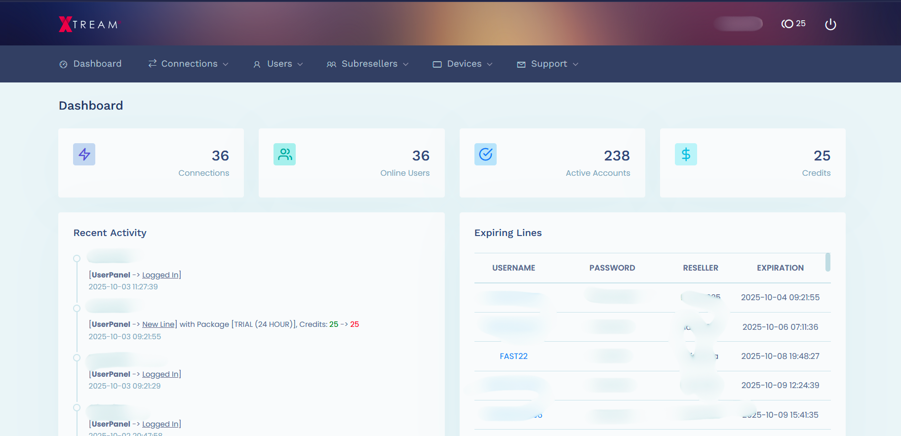 Screenshot of the Starshare IPTV reseller panel dashboard, showing tools for user management, credit balance overview, and creating new subscriptions.